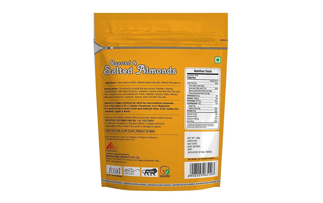Nakodas Roasted & Salted Almonds   Pack  60 grams